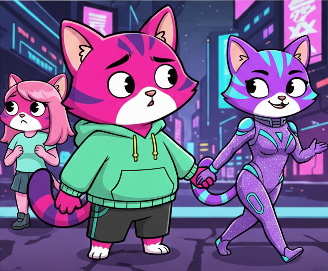 Sanaka with friends in cyberpunk city